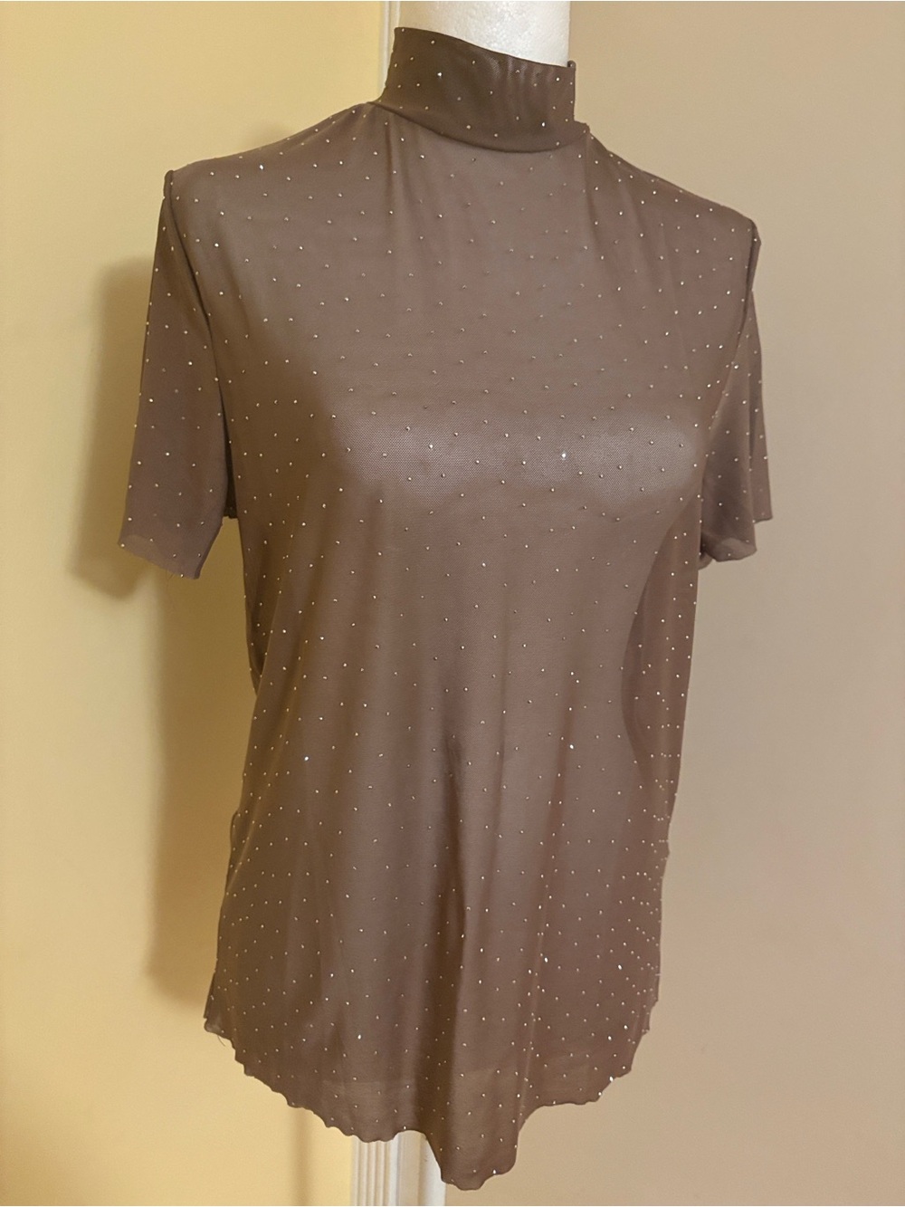 Sparkle-Stud Mock Neck Short Sleeve Top in Espresso Brown